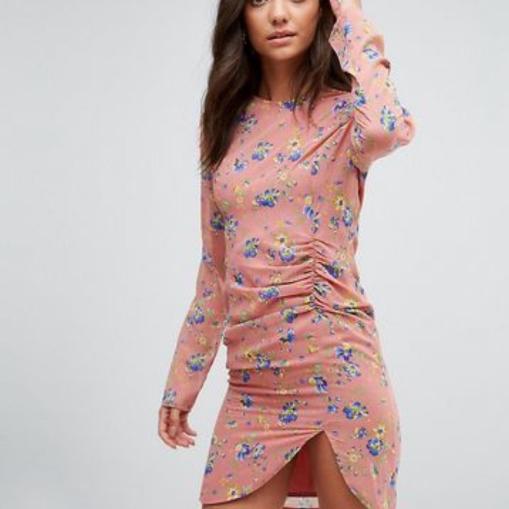 asos tall mini dress ruched side in floral pink